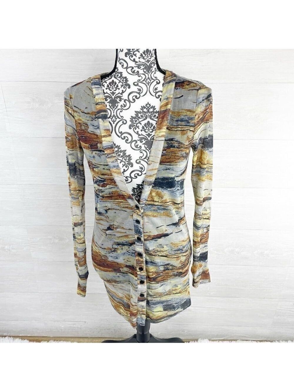 Vivienne Vivienne Tam Watercolor Button Down Long Stretch Cardigan